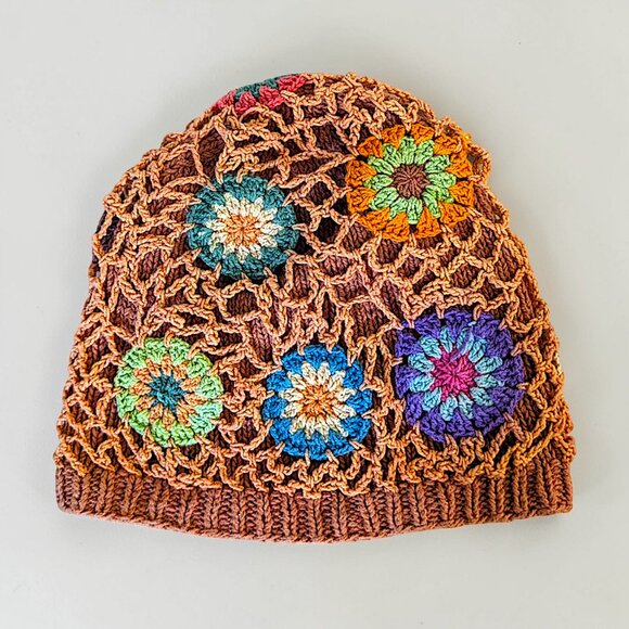 hand crocheted granny core fairy Y2K rainbow multicolor beanie hat OS